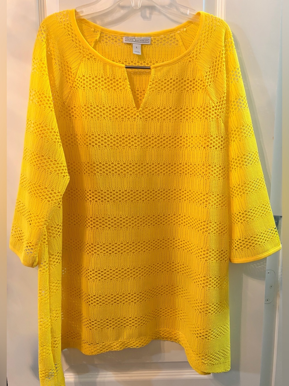 Dana Buchman Yellow Open-Knit Pullover Tunic With Gold Accent
